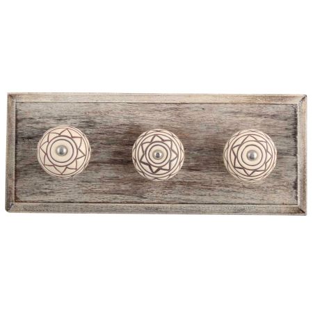 Cream Brown Pattern Etched Ceramic Wooden Hooks